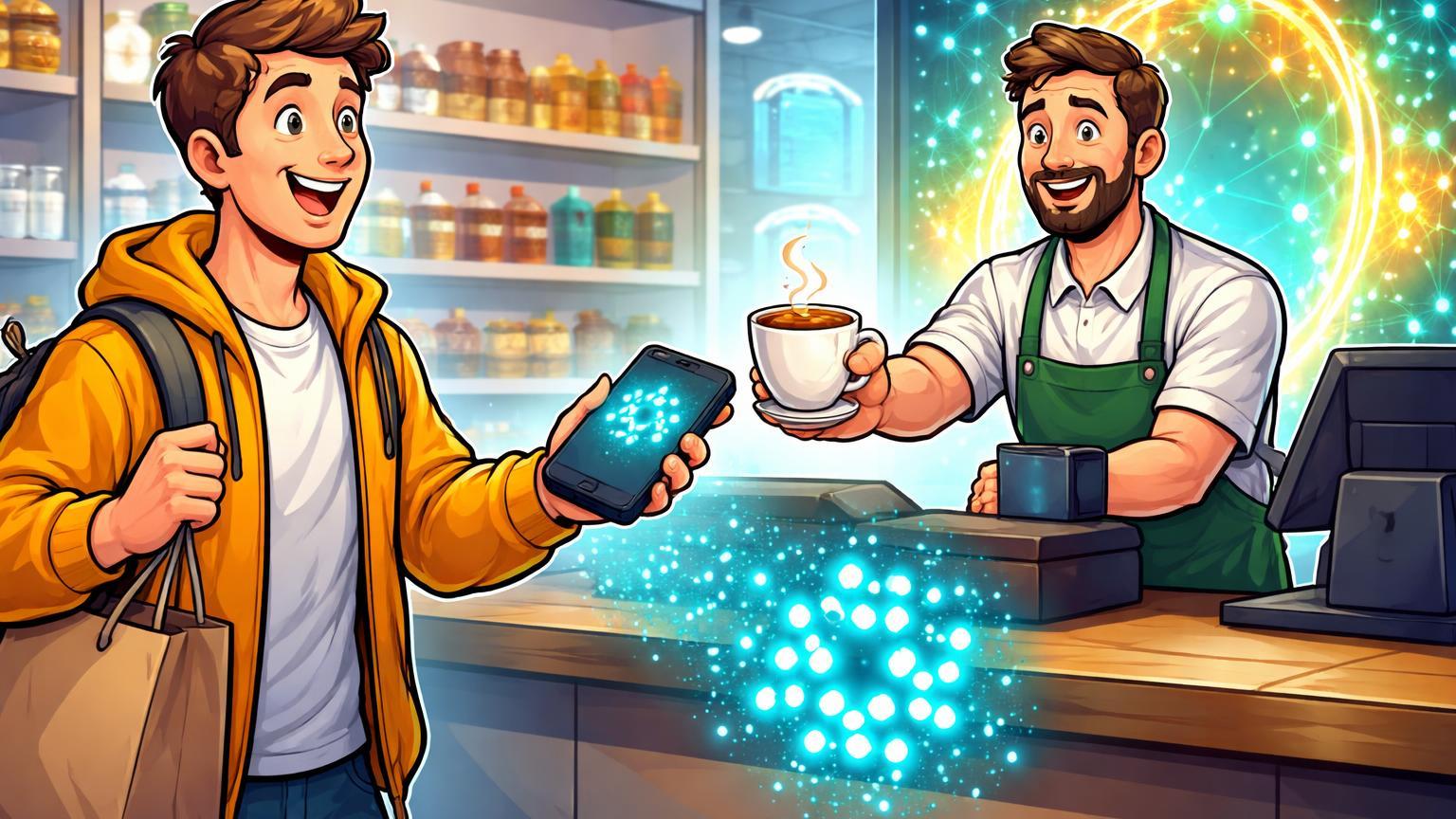 Cliente cartoon recebendo café de caixa em loja, pagando com símbolo ADA luminoso, ilustrando adoção prática de altcoins como Cardano