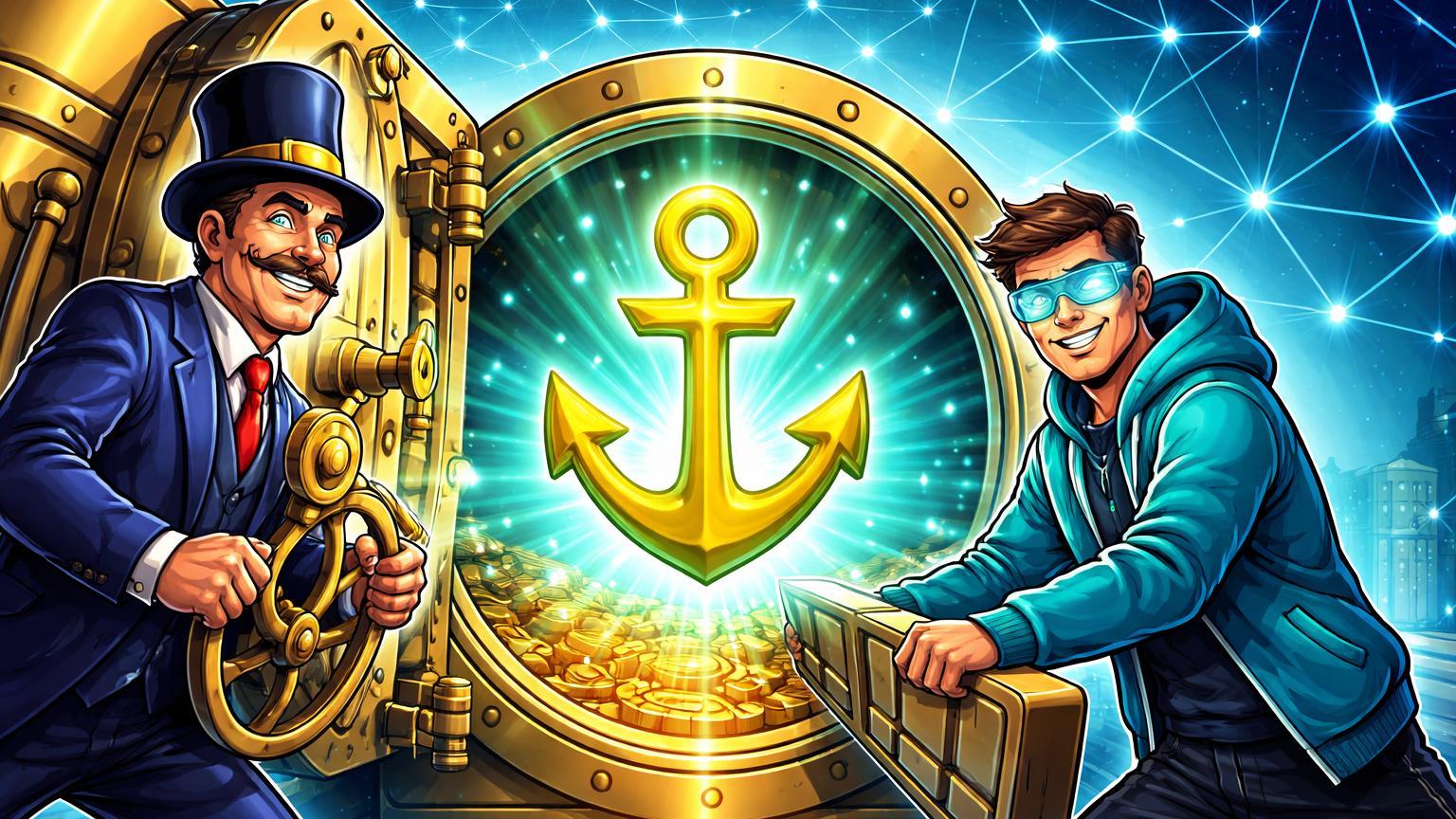 Banqueiro e inovador tech cartoon abrindo cofre para liberar stablecoin âncora em blockchain, simbolizando lançamento pioneiro da SoFiUSD